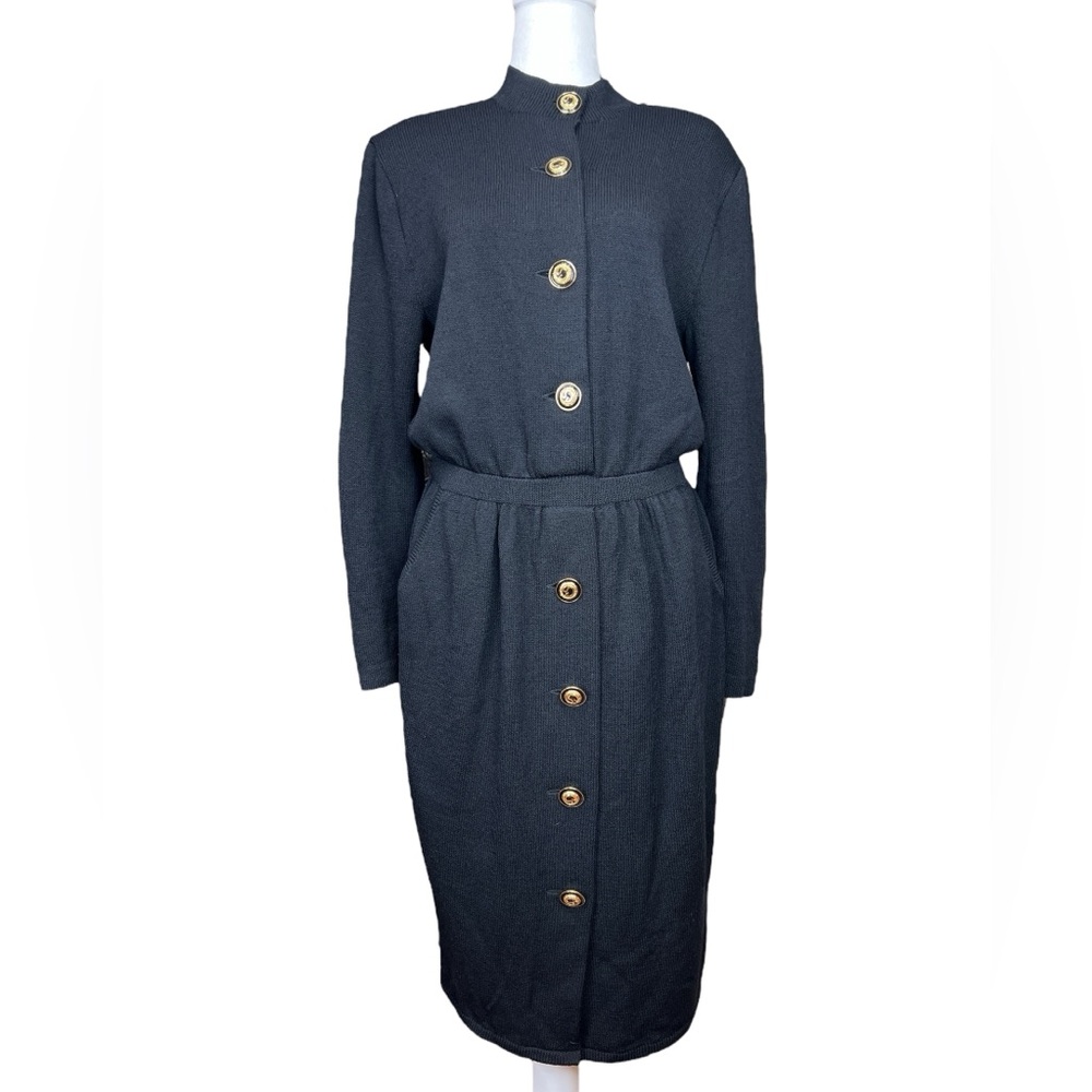 St. John Collection black Santana knit iconic gold buttons dress size 10